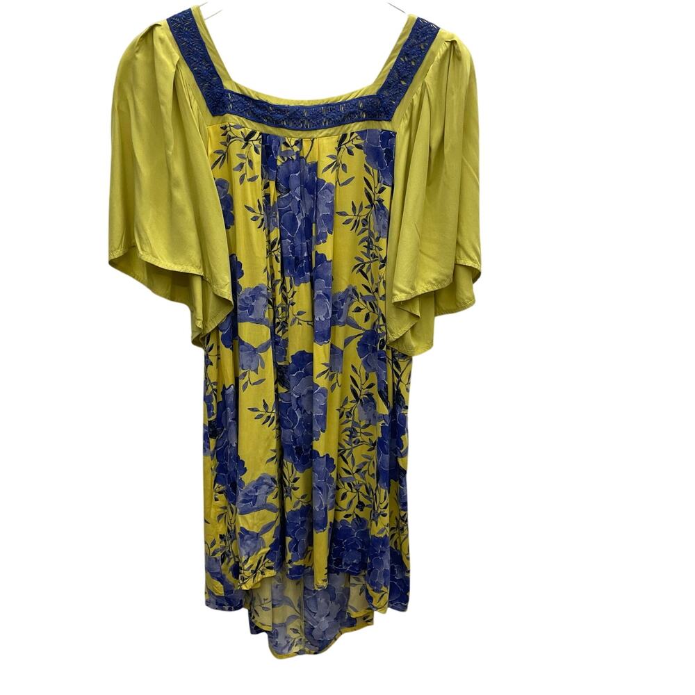 Umgee Women’s Medium Mustard Yellow and Blue Floral Dress Scoop Back Lace